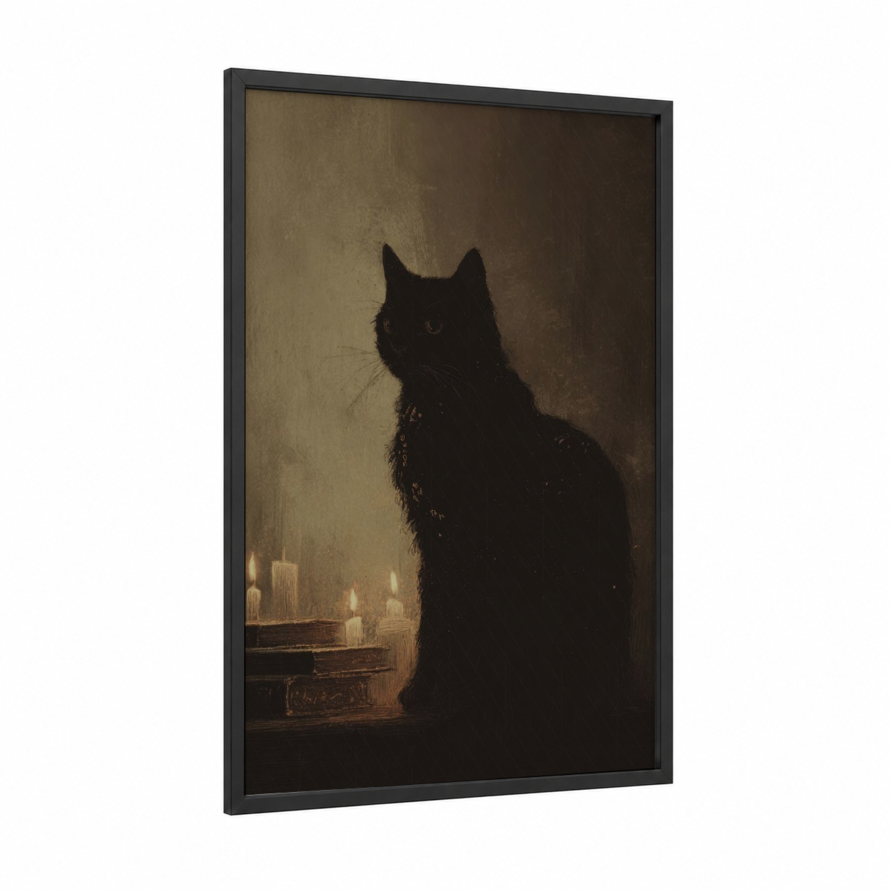 Mystical Black Cat framed magic and witchcraft print — black wood frame — black and gold palette