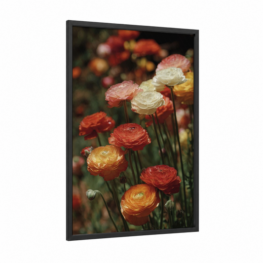 Sunset Ranunculus framed art print — black wood frame — peach and gold palette