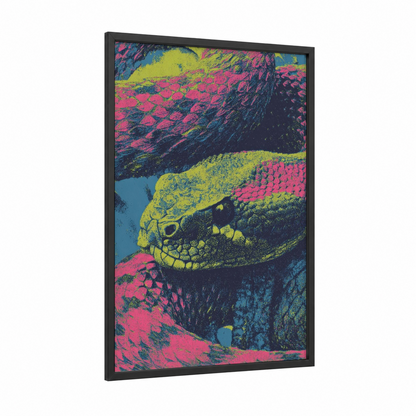 Neon Rattlesnake framed art print — black wood frame — magenta and lime green palette