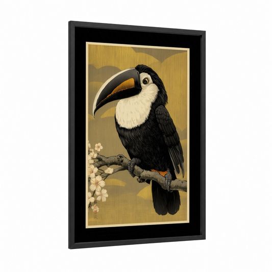 Golden Toucan framed art print — black wood frame — gold and black and white palette
