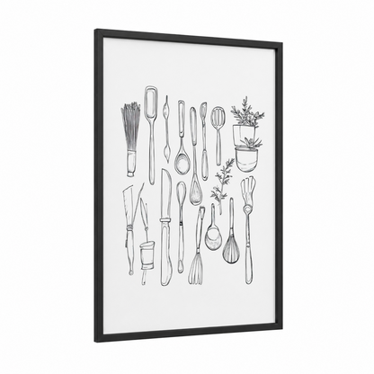 Kitchen Utensils Line Art framed art print — black wood frame — black and white palette