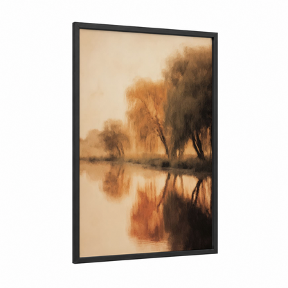 Golden Willow Reflection framed willow forest print — black wood frame — gold and cream palette