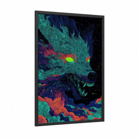 Neon Cerberus framed art print — black wood frame — turquoise and blue palette