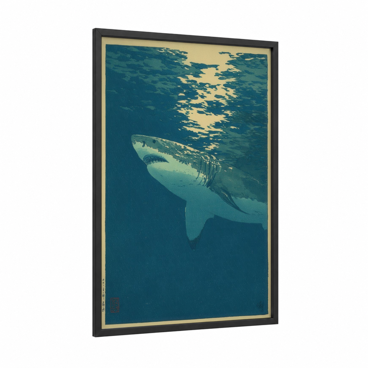 Sunlit Great White framed great white shark print — black wood frame — teal and cream palette