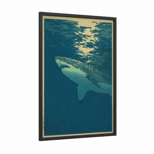 Sunlit Great White framed great white shark print — black wood frame — teal and cream palette