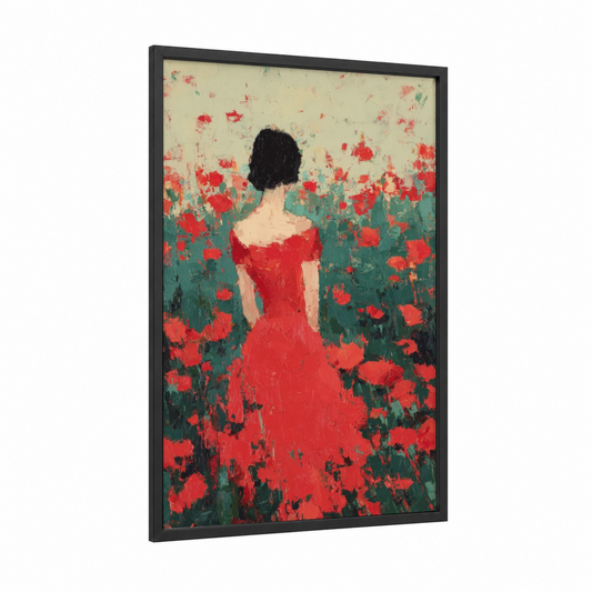 Red Dress Garden framed women's fashion print — black wood frame — red and true green palette
