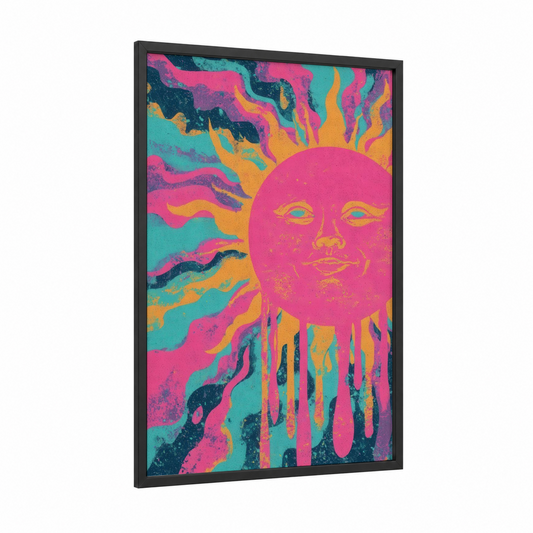 Psychedelic Sun framed the sun print — black wood frame — magenta and turquoise palette