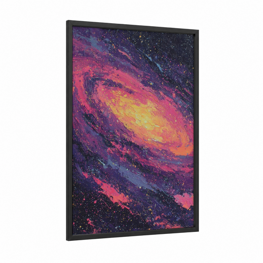 Cosmic Nebula framed milky way print — black wood frame — magenta and yellow gold palette
