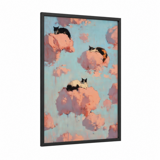 Cloud Cats framed art print — black wood frame — blue and peach palette