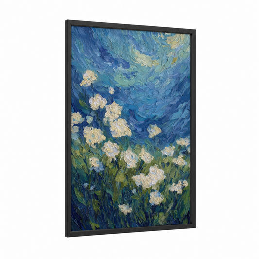 Starry Hydrangeas framed art print — black wood frame — blue and cream palette