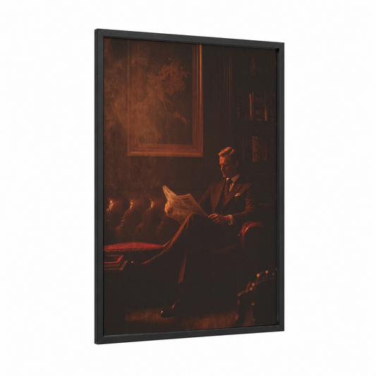 Vintage Gentleman Reading framed fashion photography print — black wood frame — russet and espresso palette