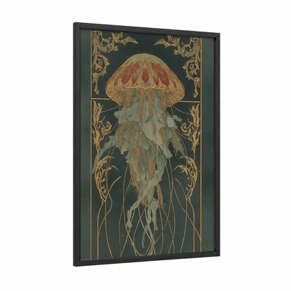 Crimson Jellyfish framed art print — black wood frame — gold and teal palette