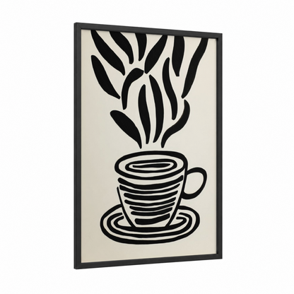 Steaming Coffee Plant framed art print — black wood frame — black and white palette