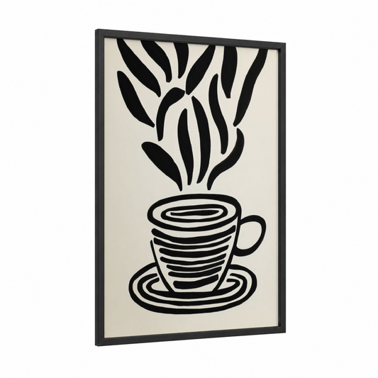 Steaming Coffee Plant framed art print — black wood frame — black and white palette