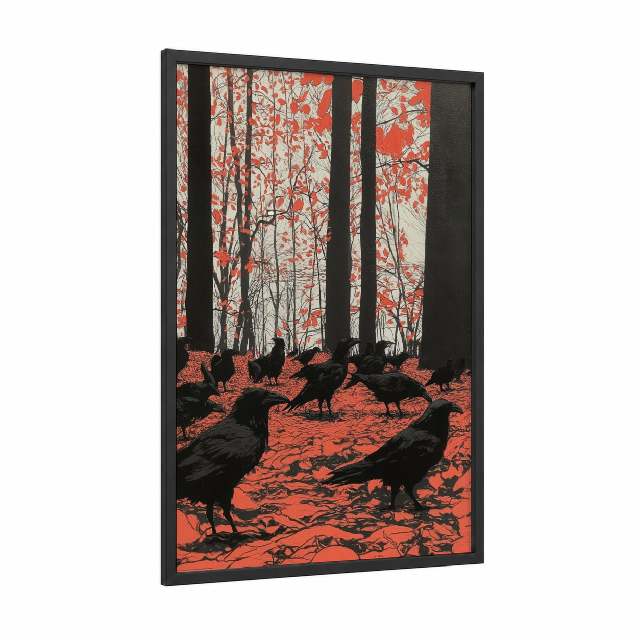 Crimson Woodland Ravens framed crows and ravens print — black wood frame — red and black palette