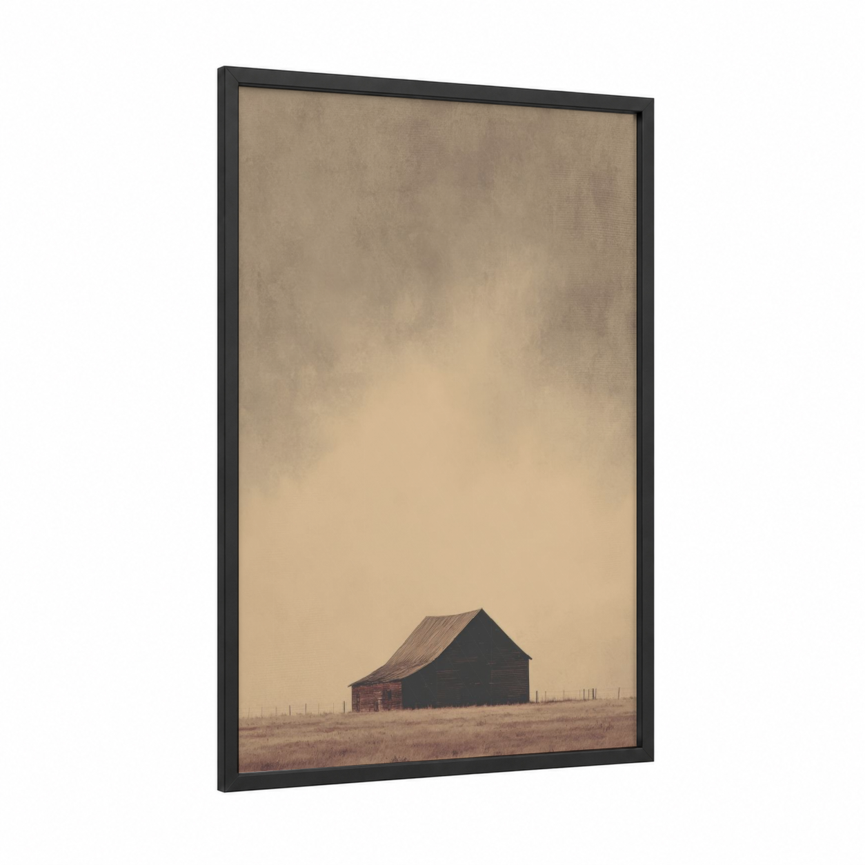 Solitary Barn framed art print — black wood frame — beige and dove gray palette