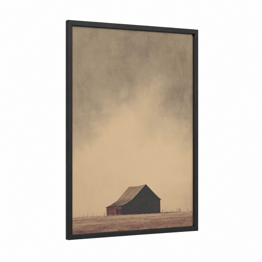 Solitary Barn framed art print — black wood frame — beige and dove gray palette
