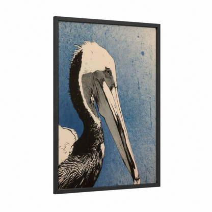 Azure Pelican framed art print — black wood frame — blue and white and black and white palette