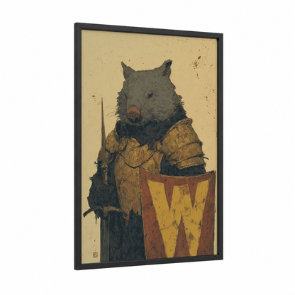 Armored Wombat framed art print — black wood frame — beige and gold palette