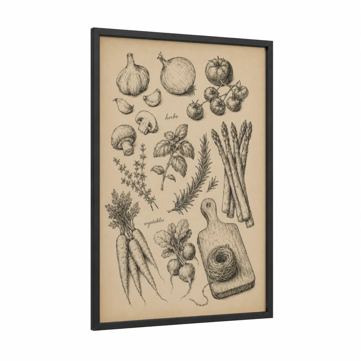 Vintage Vegetable Illustration Wall Art framed art print — black wood frame — beige and cream palette