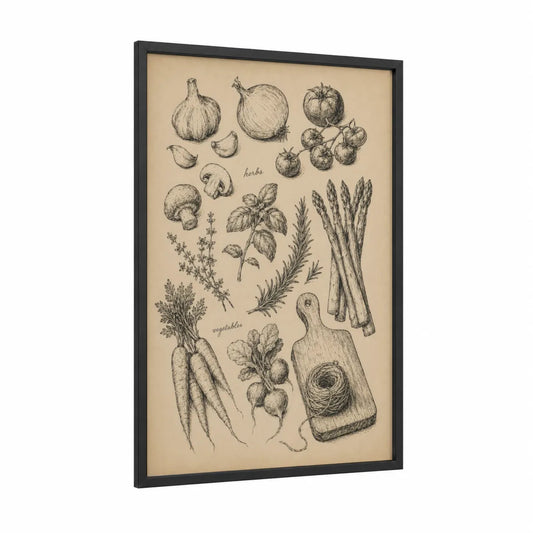 Vintage Vegetable Illustration Wall Art framed art print — black wood frame — beige and cream palette
