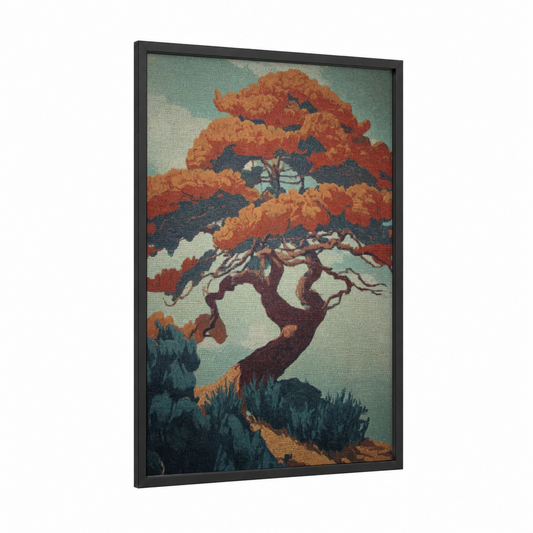 Crimson Bonsai framed bonsai tree print — black wood frame — russet and bermuda gray palette