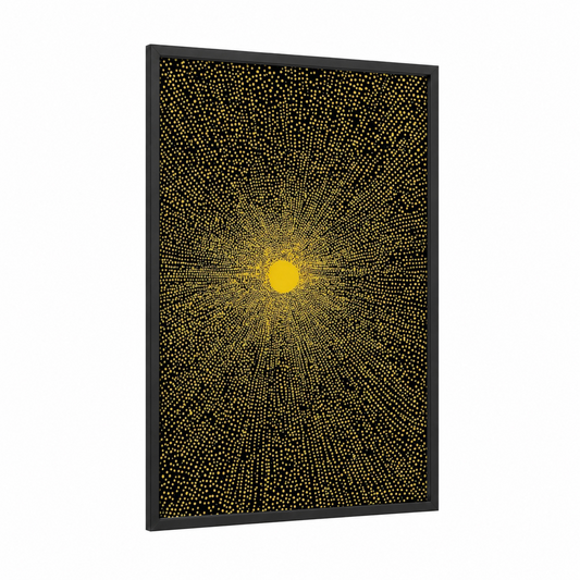 Radiant Supernova framed art print — black wood frame — gold and black palette