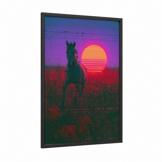 Sunset Miniature Horse framed art print — black wood frame — magenta and orange palette