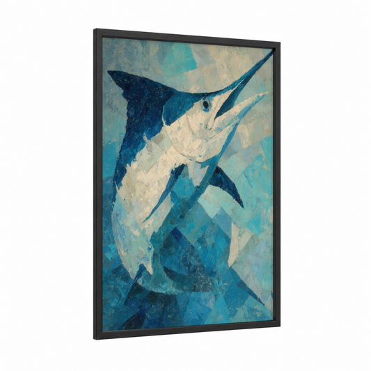 Azure Marlin framed blue marlin print — black wood frame — teal and blue palette