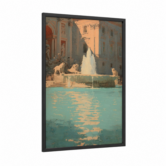 Classical Fountain Courtyard framed fountains print — black wood frame — gold and teal palette
