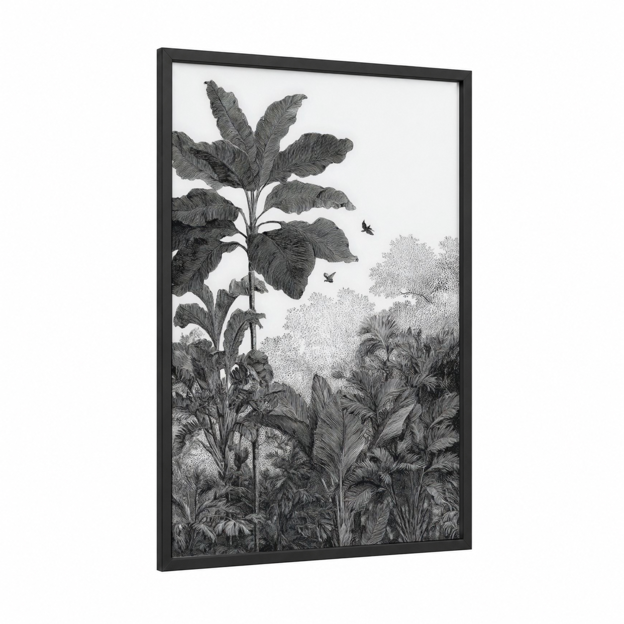 Tropical Palm Sanctuary framed palm forest print — black wood frame — black and white palette