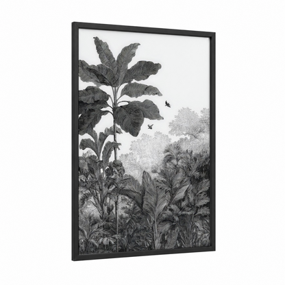 Tropical Palm Sanctuary framed palm forest print — black wood frame — black and white palette