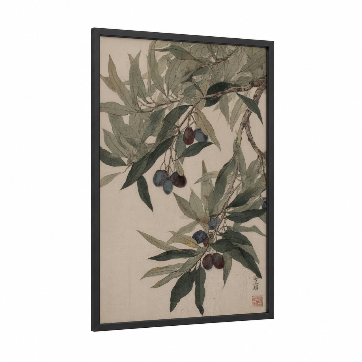 Olive Branch Study framed olive tree print — black wood frame — sage green and beige palette