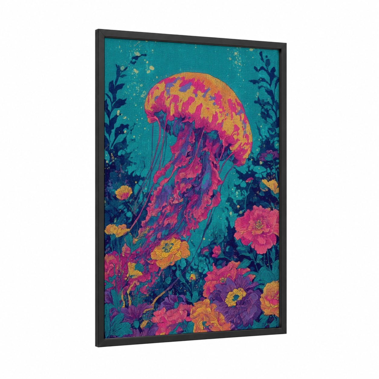 Neon Jellyfish framed art print — black wood frame — magenta and teal palette