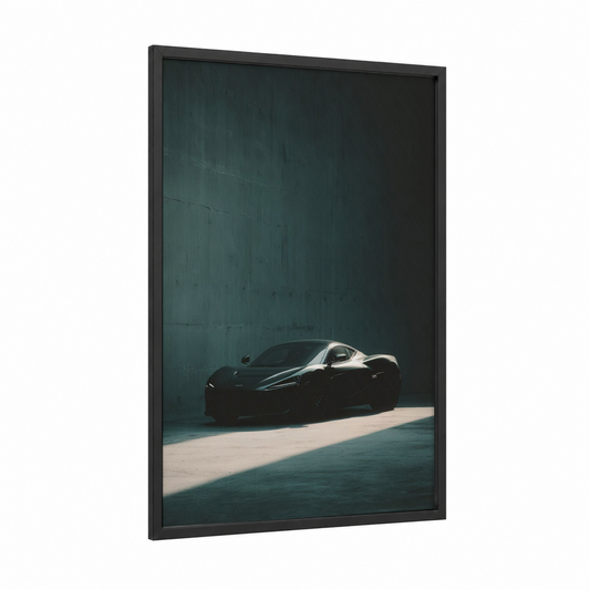 Sleek Black Coupe framed classic car print — black wood frame — black and white and dove gray palette