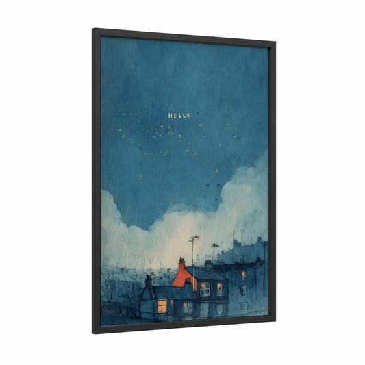 Hello Fireflies framed art print — black wood frame — teal and gold and white palette