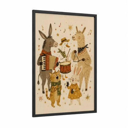 Whimsical Animal Band Music Wall Art framed donkey print — black wood frame — beige and mustard palette