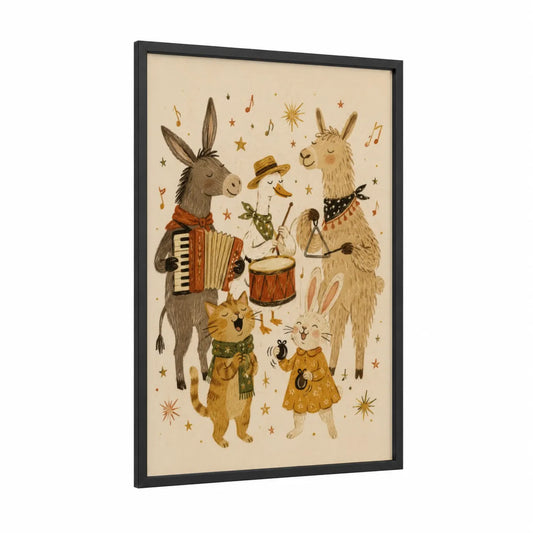 Whimsical Animal Band Music Wall Art framed donkey print — black wood frame — beige and mustard palette