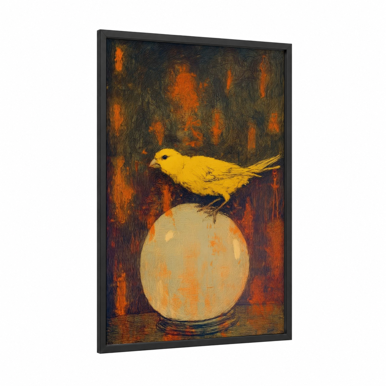 Golden Canary Perch framed canaries print — black wood frame — gold and orange palette