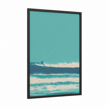 Coastal Kite Surfer framed kite surfing print — black wood frame — turquoise and white palette