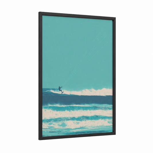 Coastal Kite Surfer framed kite surfing print — black wood frame — turquoise and white palette