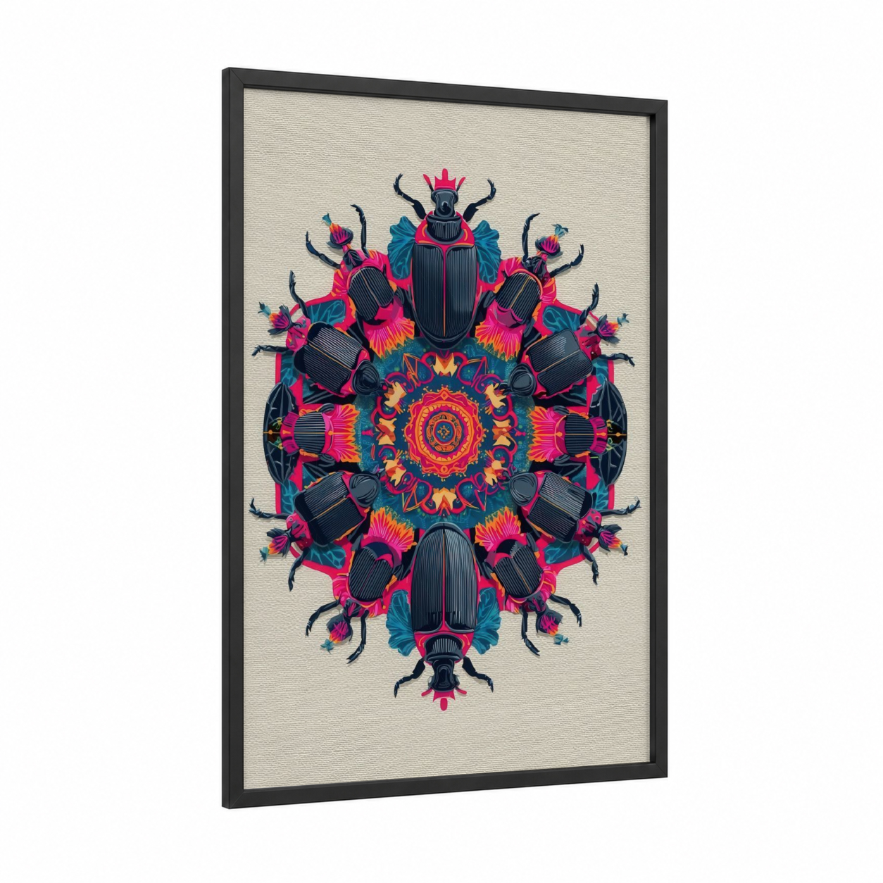 Magenta Beetle Mandala framed art print — black wood frame — magenta and black palette