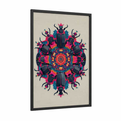 Magenta Beetle Mandala framed art print — black wood frame — magenta and black palette