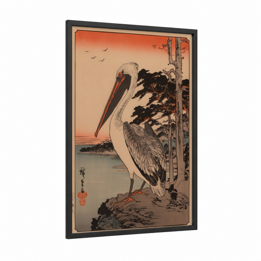 Riverside Pelican framed art print — black wood frame — orange and cream palette