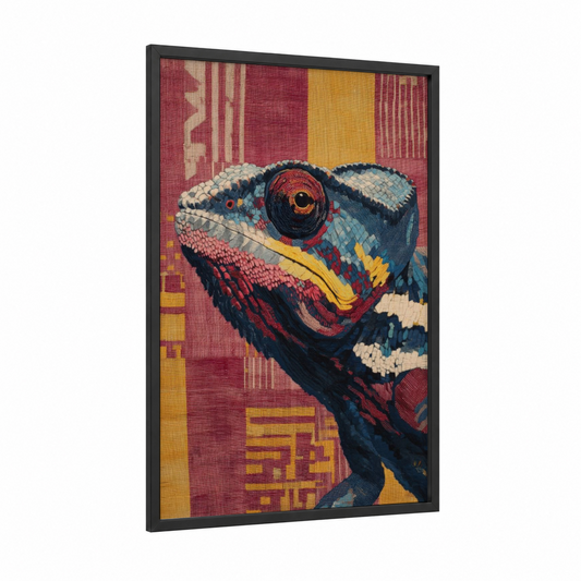 Jeweled Chameleon framed art print — black wood frame — maroon and yellow gold palette