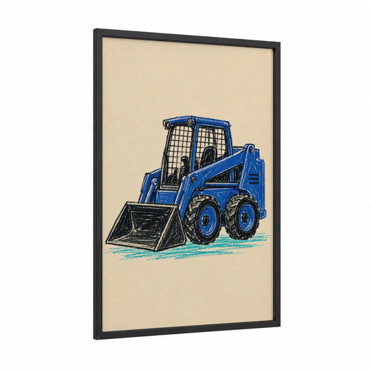 Blue Skid Steer Loader Wall Art framed truck print — black wood frame — blue and beige palette