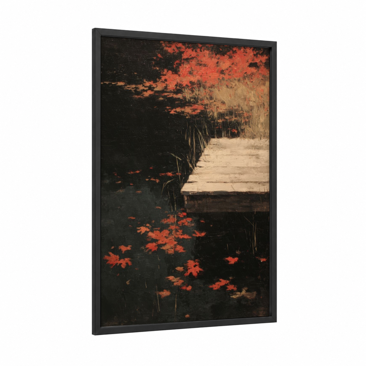 Autumn Dock Reflection framed docks and piers print — black wood frame — black and red palette