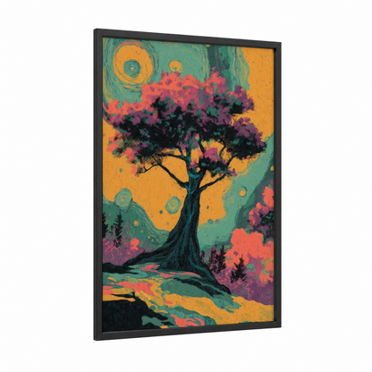 Dreamscape Banyan framed banyan tree print — black wood frame — magenta and gold palette