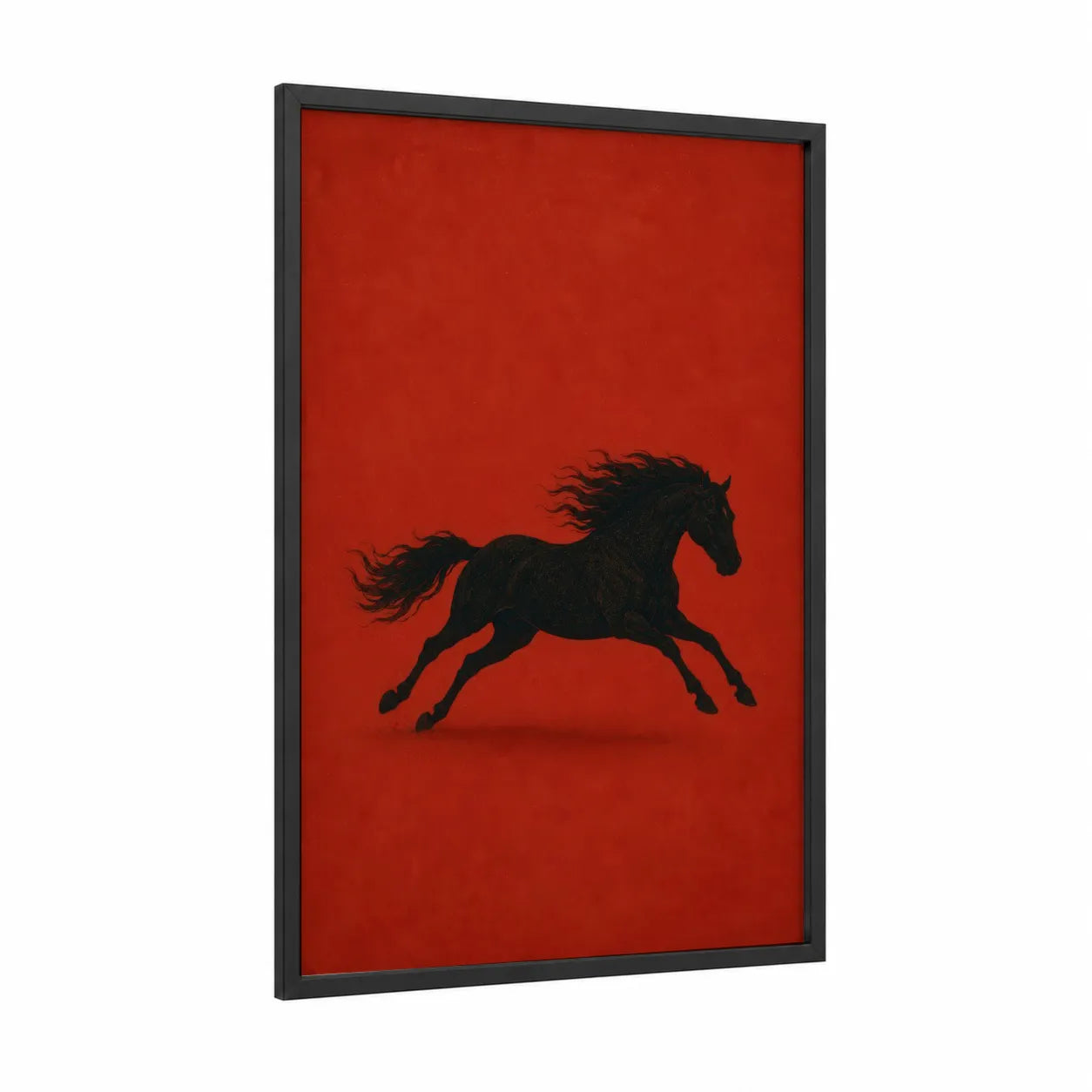 Black Horse Silhouette Red Wall Art framed art print — black wood frame — red and black and red palette