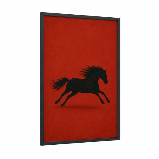 Black Horse Silhouette Red Wall Art framed art print — black wood frame — red and black and red palette
